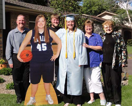 June 2010 - GrDaut Steph's HS Graduation: 
S-I-L Steve, Steph's cutout from their BB Senior's party, GrSon Aaron, Steph, Daut Pam and me